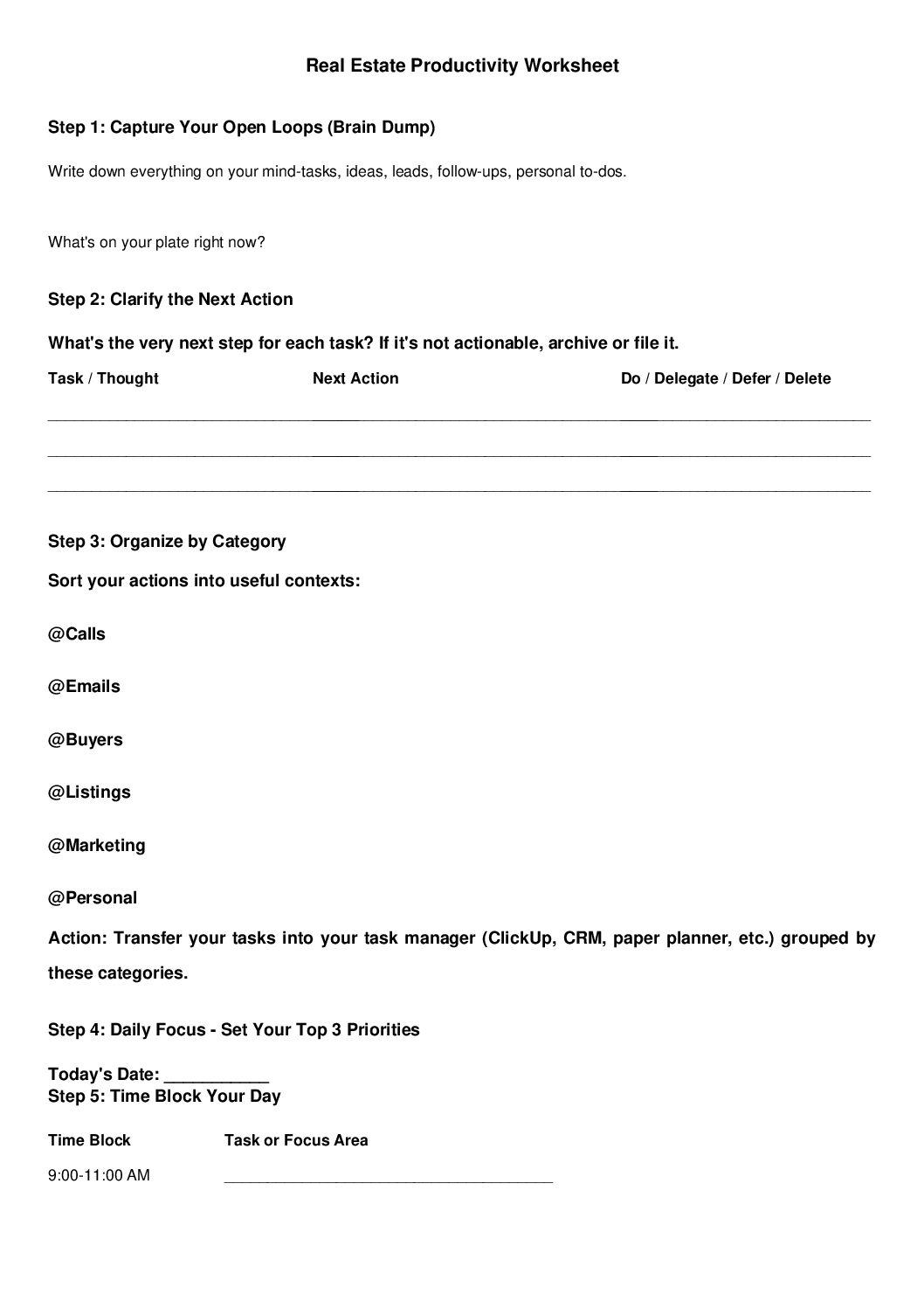 Real Estate Agent Productivity Worksheet