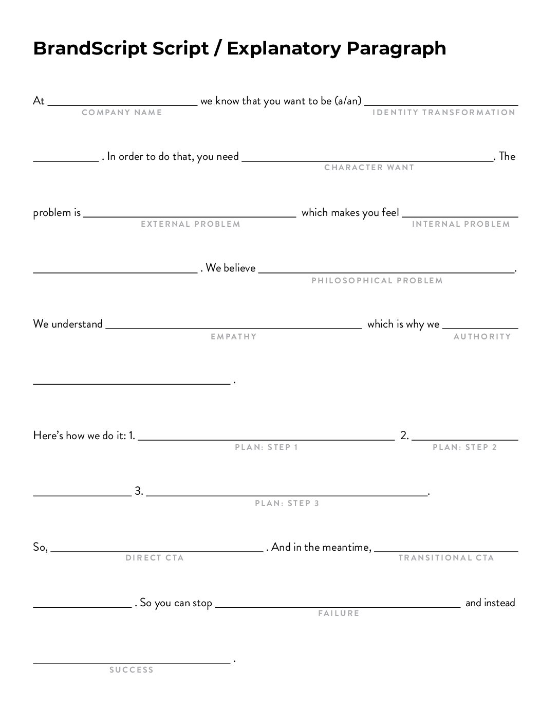 Storybrand 1 Paragraph Fill in the blank